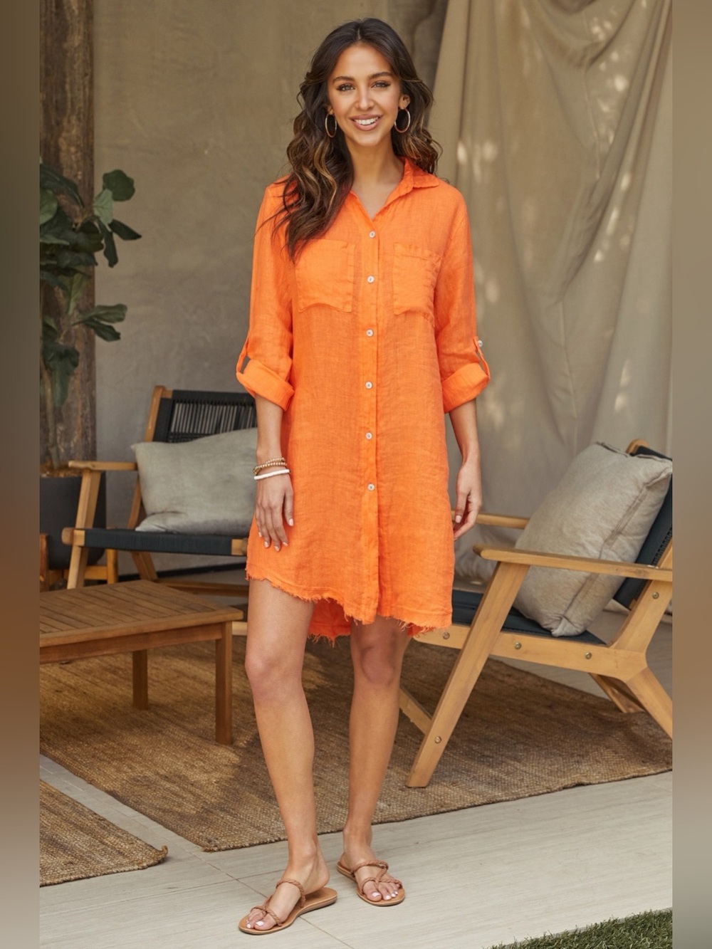 (27160/154208-ORA) ITALIAN LINEN LONG SLEEVE ROLL-TAB BUTTON DOWN DRESS